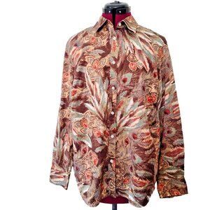 Lauren Ralph Lauren 1X Shirt Women Button Front Feather Peacock Print Multicolor